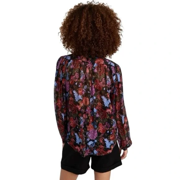 💫HP‼️💫 100% SILK NWT PAIGE Elynne Floral Blouse w/ Neck Tie in Black, Size XXS - Picture 3 of 8